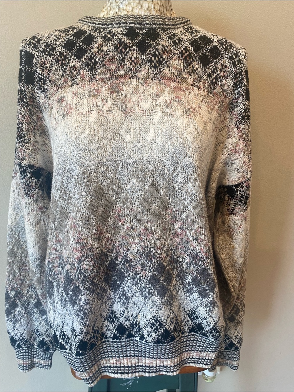 Vintage 90s Grandpa Core  Black, Gray & Cream Diamond-Pattern  Sweater